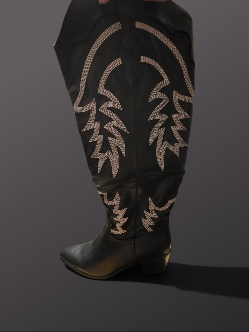 Black Women's Western Knee-High Boots with Silver Stitching - Picture 2 of 4